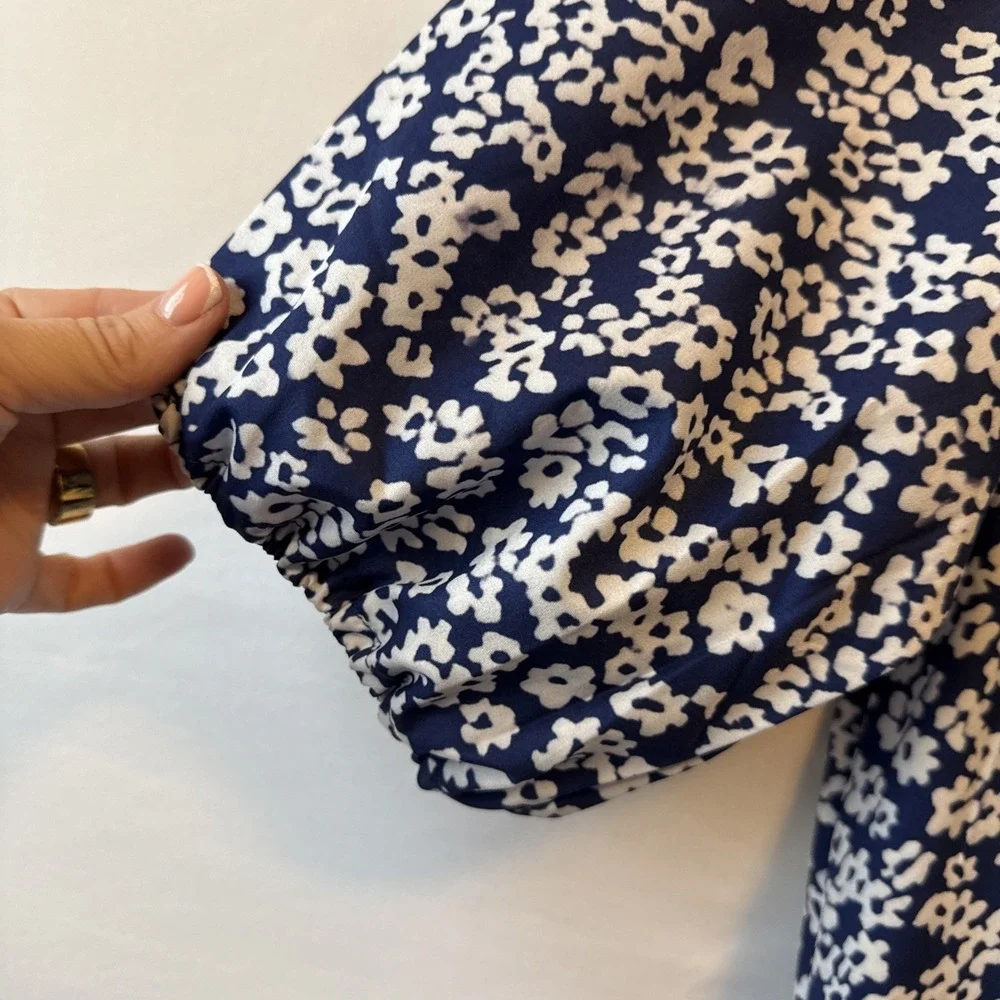 Cottagecore Blue Ditsy Floral Short Puff Sleeve V Neck Button Maxi Dress 3X Boho